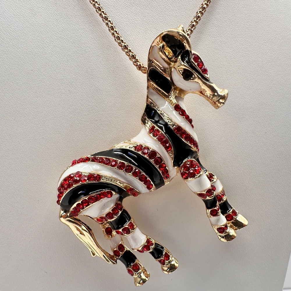 Vintage 90s Betsey Johnson Zebra Pendant Necklace Red Rhinestone Fashion Jewelry - Picture 4 of 13